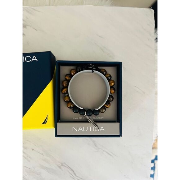 NAUTICA Tiger Eye Beaded Feather Charm‎ Bracelet, Uni Sex, Brown/Black, NWT - Picture 15 of 15